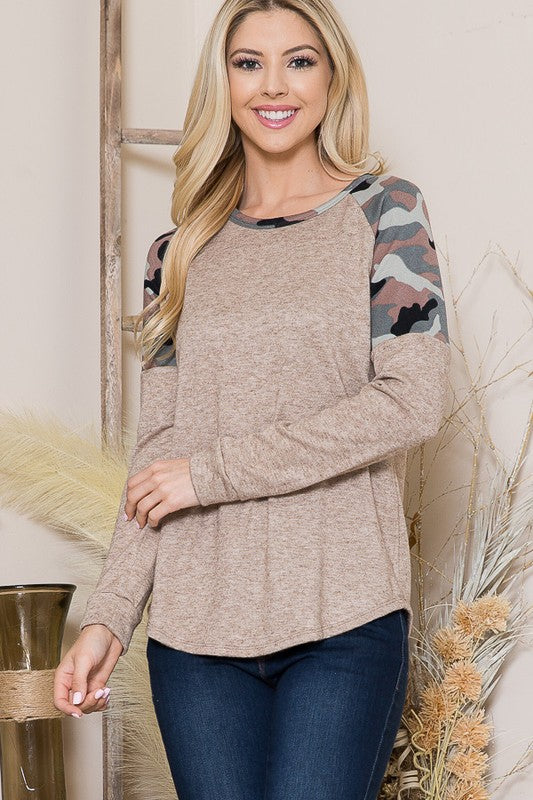 Camouflage Print Contrast Knit Top - Mercantile Mountain