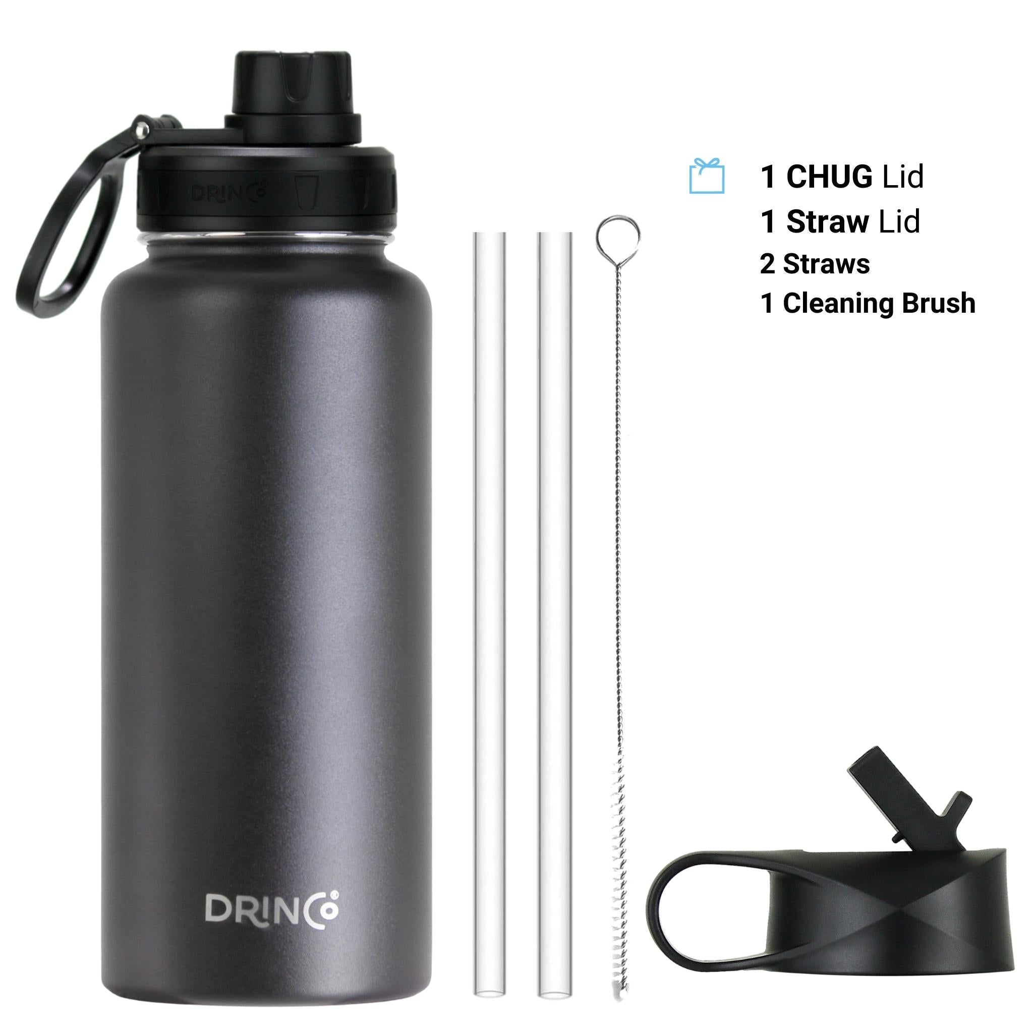 DRINCO® 32oz Stainless Steel Water Bottle (2 lids) Black