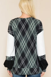 Plus Plaid Top with Solid Bubble Sleeves - Mercantile Mountain