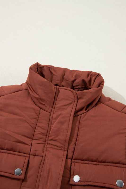 Solid Quilted Stand-Neck Zip-Up Buttoned  Puffer C