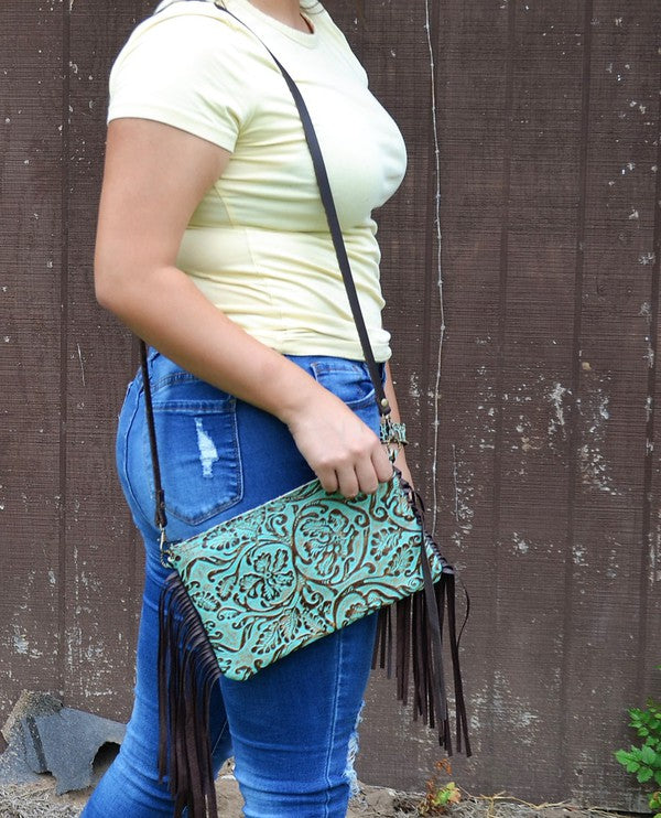 Embossed Cowboy Turquoise Leather Clutch - Mercantile Mountain