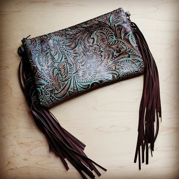 Embossed Turquoise Brown Floral Leather Clutch - Mercantile Mountain