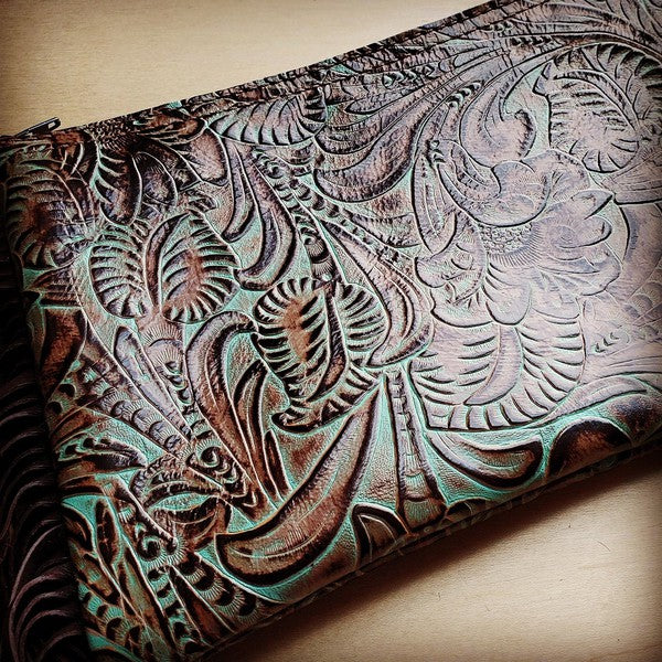Embossed Turquoise Brown Floral Leather Clutch - Mercantile Mountain