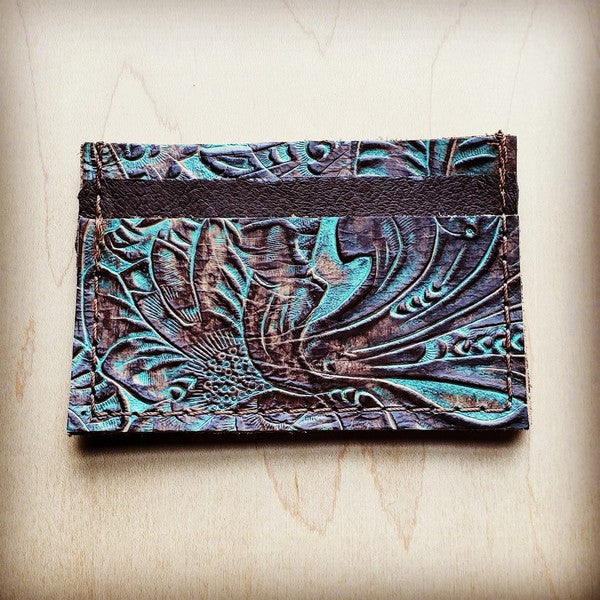 Leather Credit Card Holder-Turquoise Brown Floral - Mercantile Mountain
