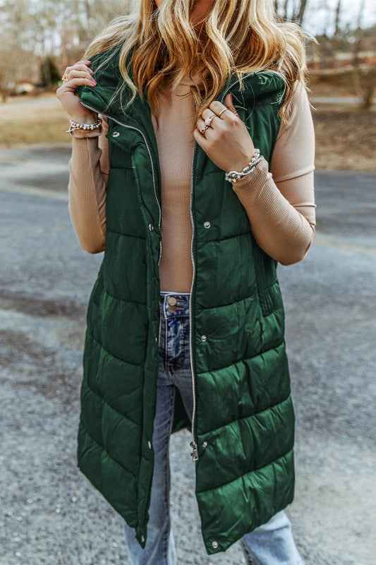 Solid Quilted Long Hooded Vest Coat