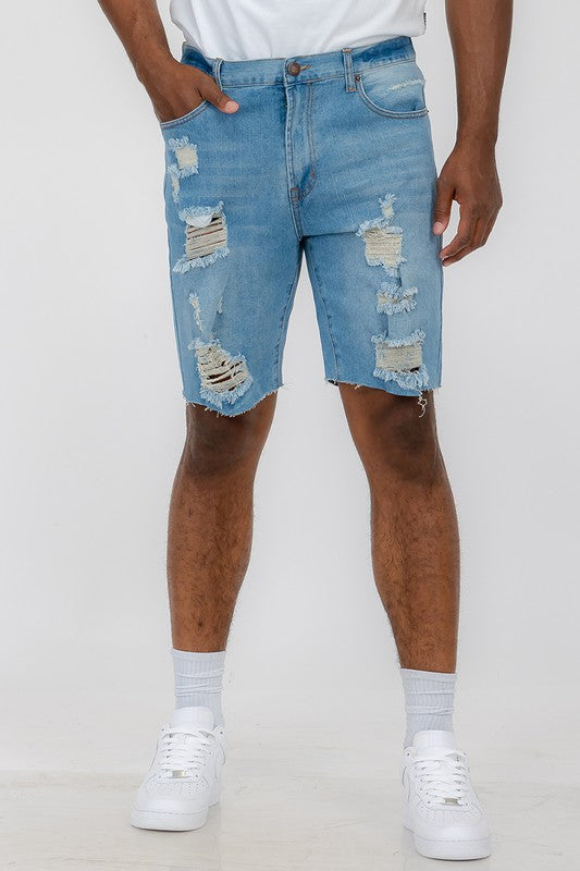 Distressed Stretch Denim Shorts - Mercantile Mountain