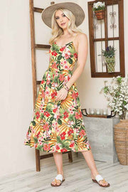 Tropical Print Eyelet Midi Dress