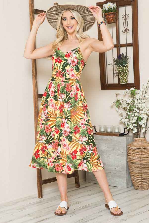 Tropical Print Eyelet Midi Dress