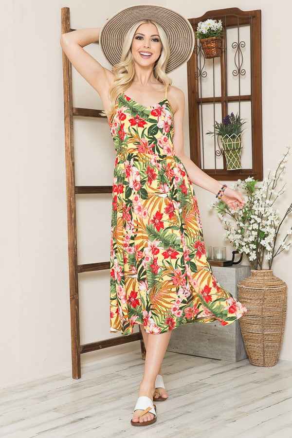 Tropical Print Eyelet Midi Dress