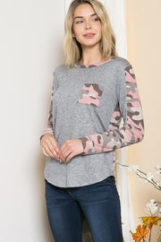 Textured Camo. Print Contrasted Sweater Knit Top - Mercantile Mountain