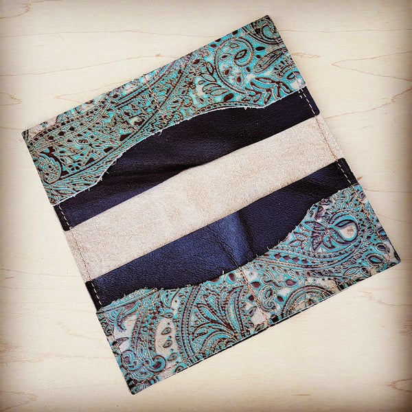 Embossed Leather Wallet-Turquoise Brown Paisley - Mercantile Mountain