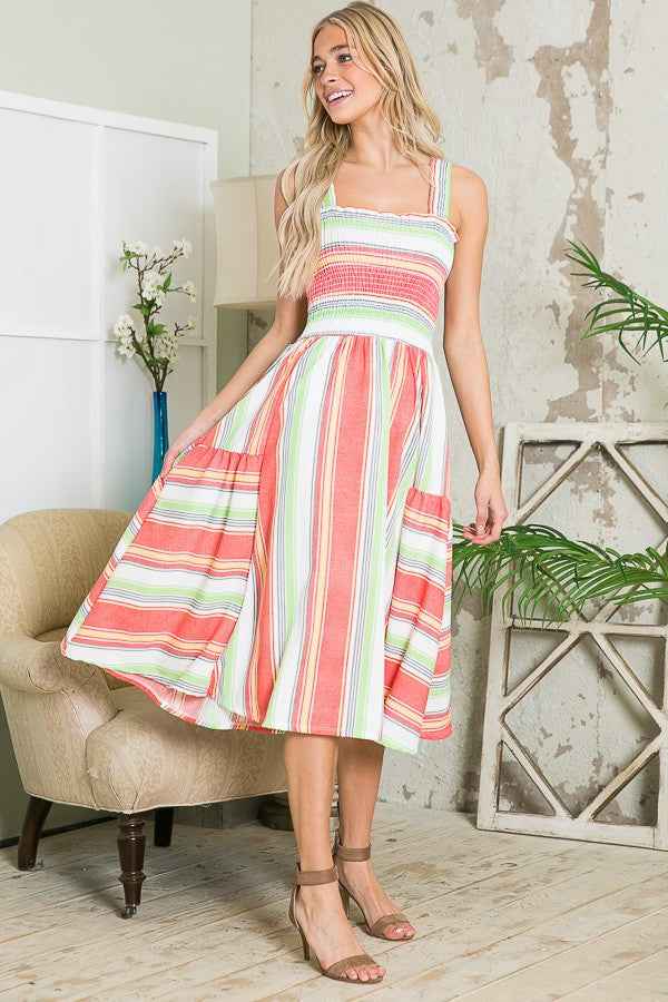 Smocked Stripe Dress with Pocket