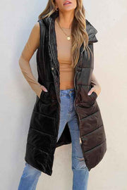 Solid Quilted Long Hooded Vest Coat
