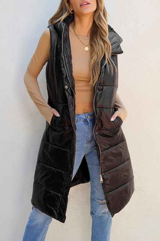 Solid Quilted Long Hooded Vest Coat
