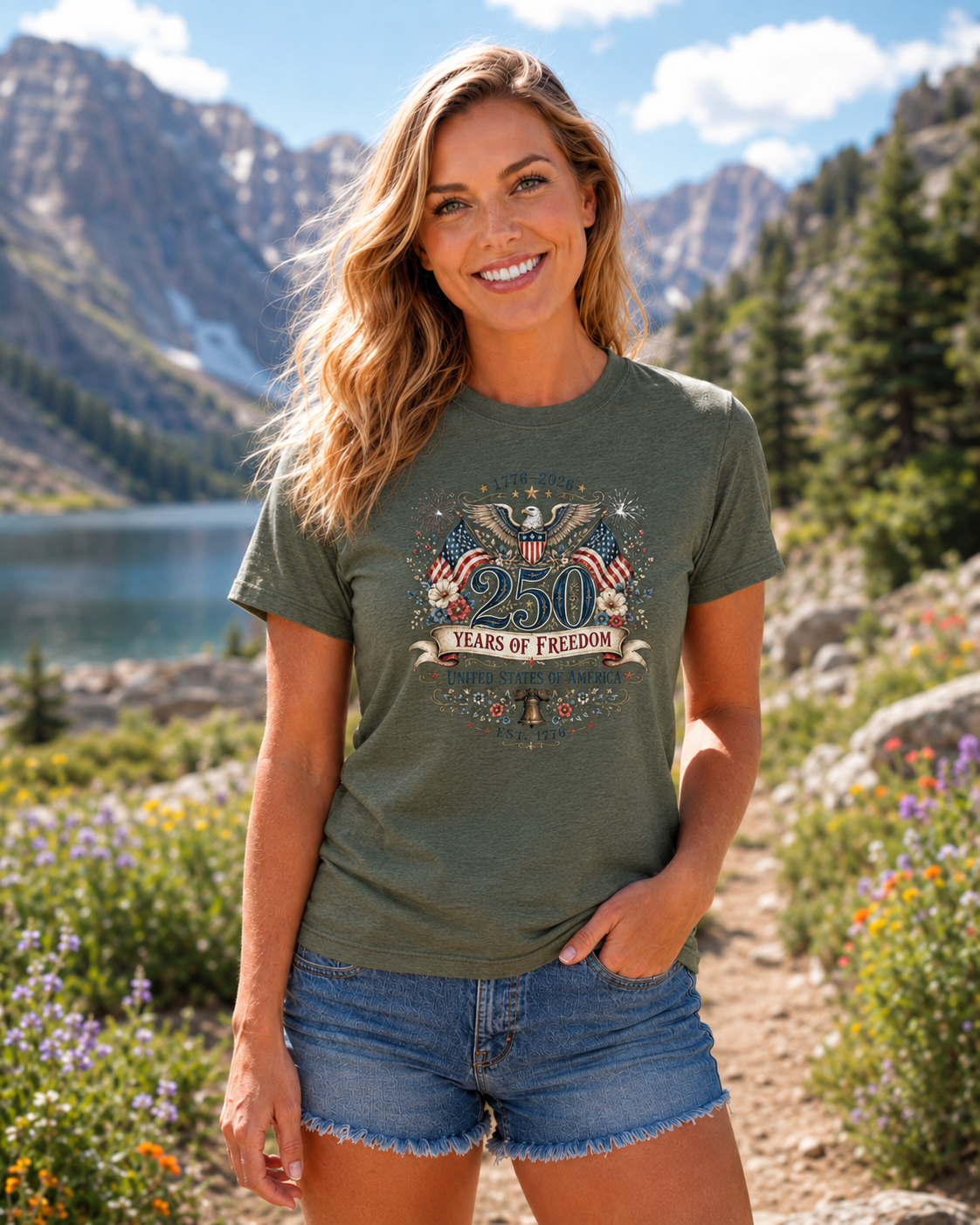 Woman wearing a green t-shirt with a design in a mountainous landscape