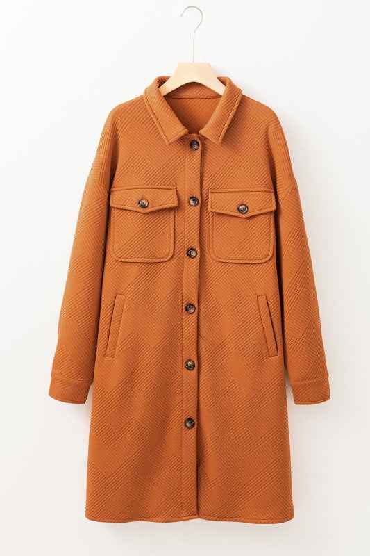 Textured Collared Button-Up Drop Shoulder Coat