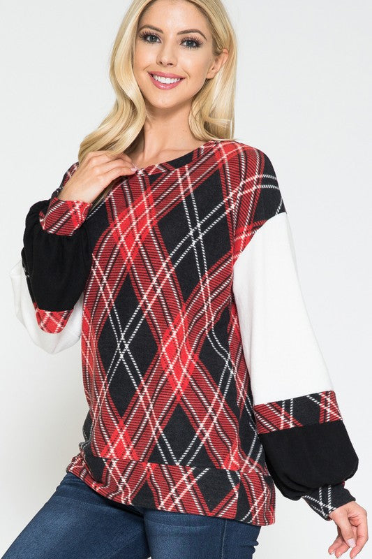 Plaid Top with Solid Bubble Sleeves - Mercantile Mountain