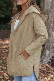 Solid Quilted Snap Button Hooded Puffer Coat