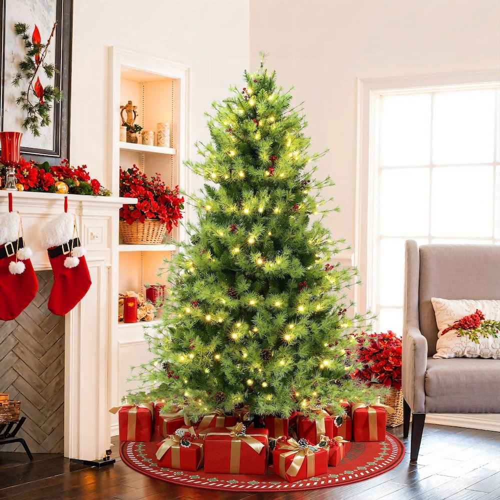 6Ft Pre-Lit Green Full Artifical Pine Christmas Tree with 8 Light Functions - Mercantile Mountain
