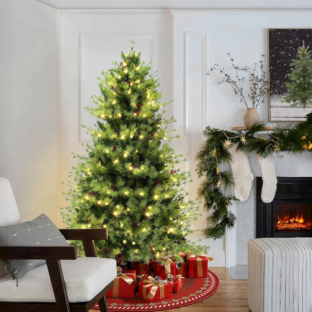 6Ft Pre-Lit Green Full Artifical Pine Christmas Tree with 8 Light Functions - Mercantile Mountain