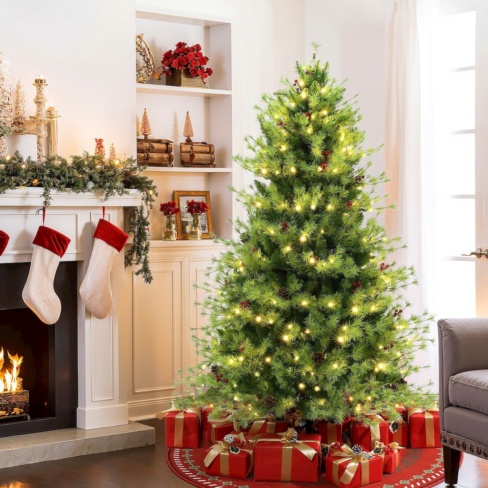 6Ft Pre-Lit Green Full Artifical Pine Christmas Tree with 8 Light Functions - Mercantile Mountain