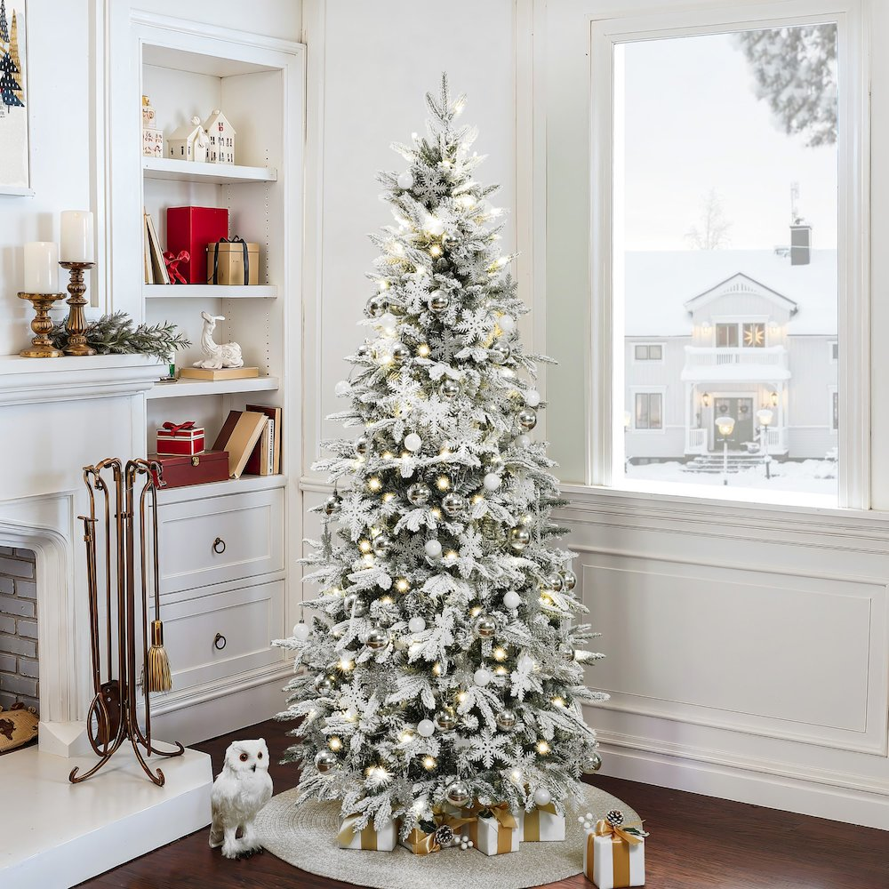 LuxenHome 6Ft Pre-Lit Snow Flocked Pop-Up Artificial Christmas Tree - Mercantile Mountain