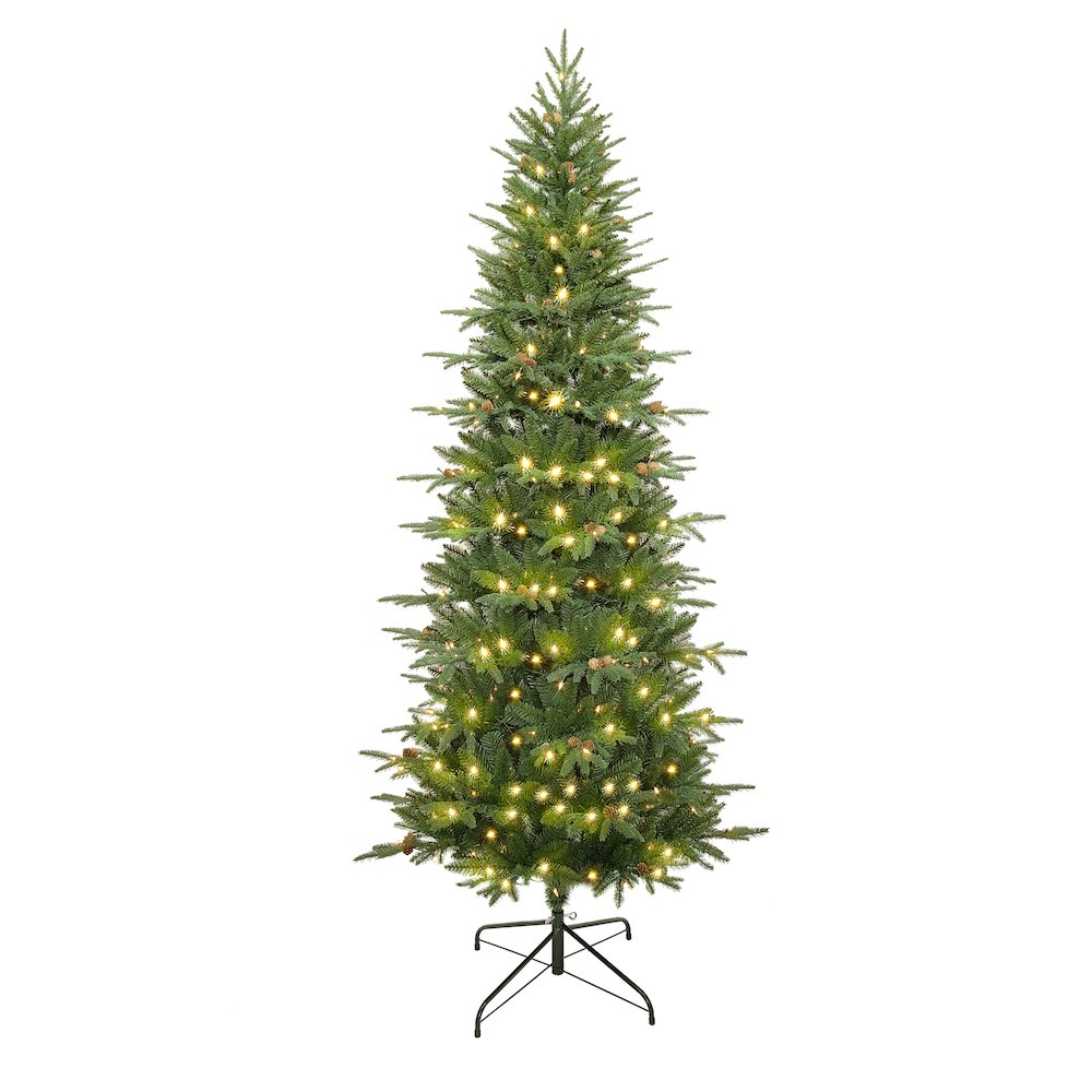 LuxenHome 7.5Ft Pre-Lit Green Slender Artificial Christmas Tree with Pine Cones - Mercantile Mountain
