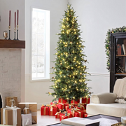LuxenHome 7.5Ft Pre-Lit Green Slender Artificial Christmas Tree with Pine Cones - Mercantile Mountain