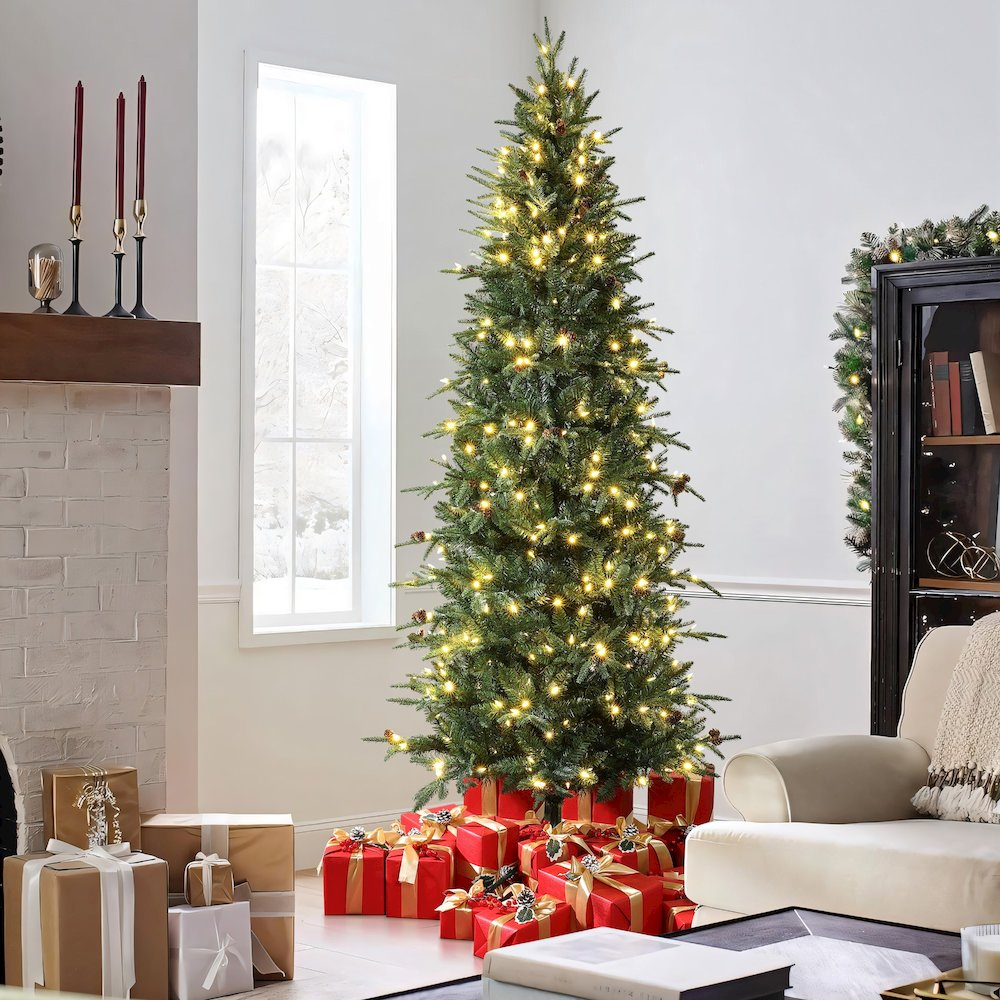 LuxenHome 7.5Ft Pre-Lit Green Slender Artificial Christmas Tree with Pine Cones - Mercantile Mountain