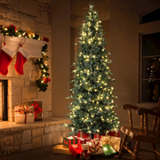 LuxenHome 7.5Ft Pre-Lit Green Slender Artificial Christmas Tree with Pine Cones - Mercantile Mountain