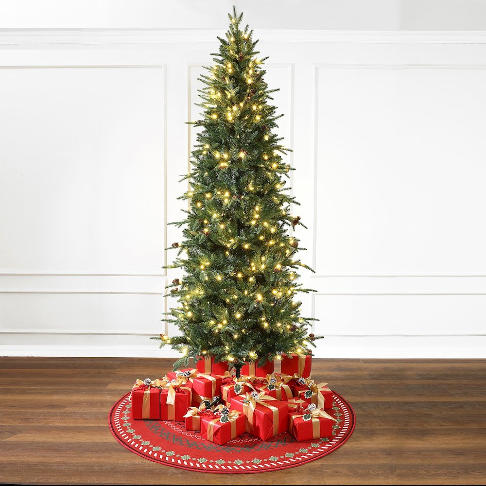 LuxenHome 7.5Ft Pre-Lit Green Slender Artificial Christmas Tree with Pine Cones - Mercantile Mountain
