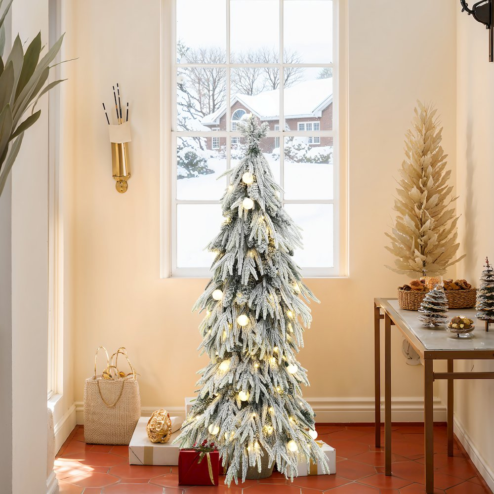 LuxenHome 4.5Ft Pre-Lit Snow Flocked Slender Fir Artificial Christmas Tree - Mercantile Mountain