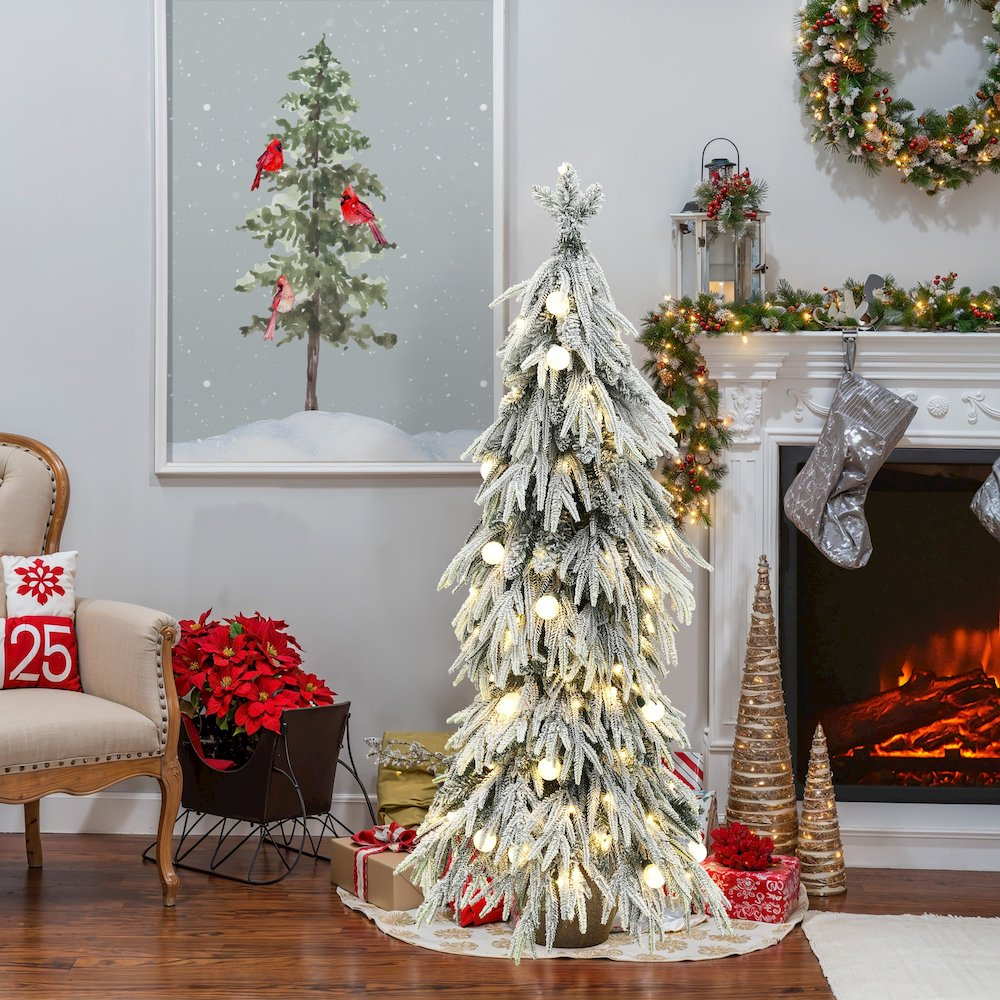 LuxenHome 4.5Ft Pre-Lit Snow Flocked Slender Fir Artificial Christmas Tree - Mercantile Mountain