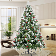 Artificial Christmas Tree Flocked Pine Needle Tree with Cones Red Berries 7.5 ft Foldable Stand - Mercantile Mountain