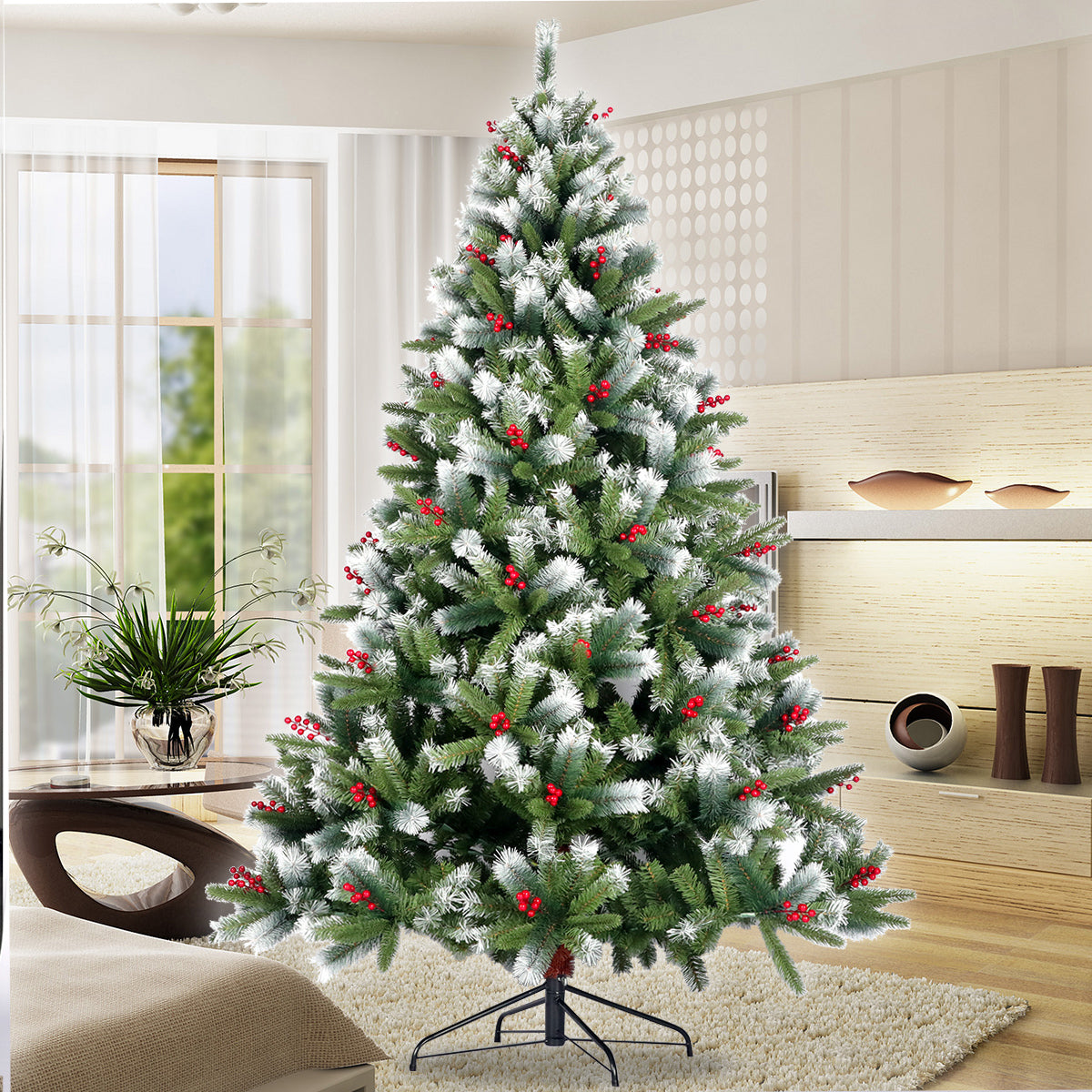 Artificial Christmas Tree Flocked Pine Needle Tree with Cones Red Berries 7.5 ft Foldable Stand - Mercantile Mountain