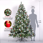 Artificial Christmas Tree Flocked Pine Needle Tree with Cones Red Berries 7.5 ft Foldable Stand - Mercantile Mountain