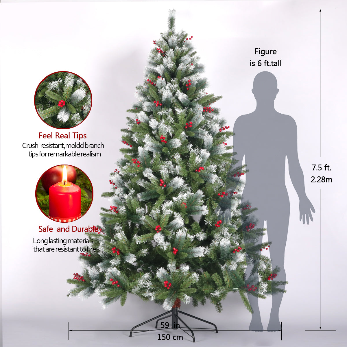 Artificial Christmas Tree Flocked Pine Needle Tree with Cones Red Berries 7.5 ft Foldable Stand - Mercantile Mountain