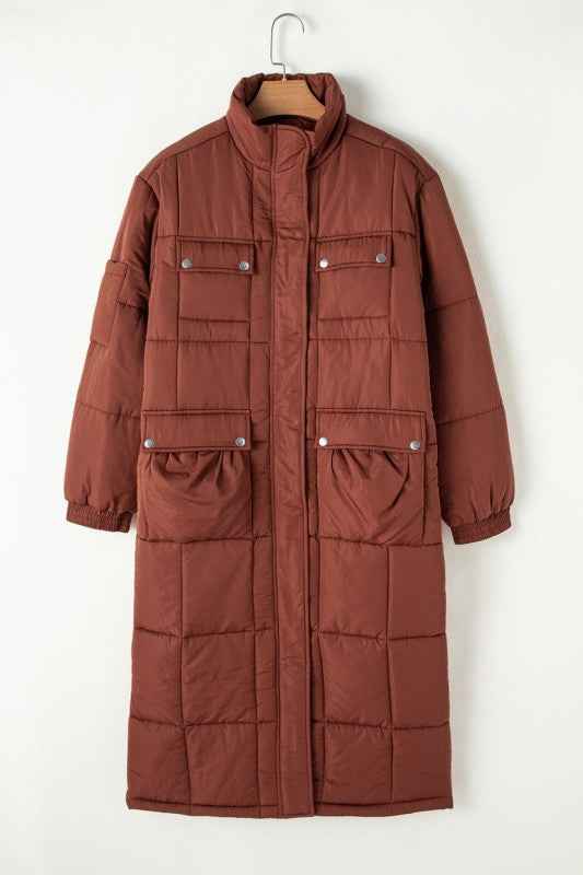 Solid Quilted Stand-Neck Zip-Up Buttoned  Puffer C