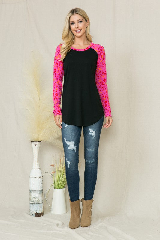 Solid Leopard Contrast Long Sleeve Top - Mercantile Mountain