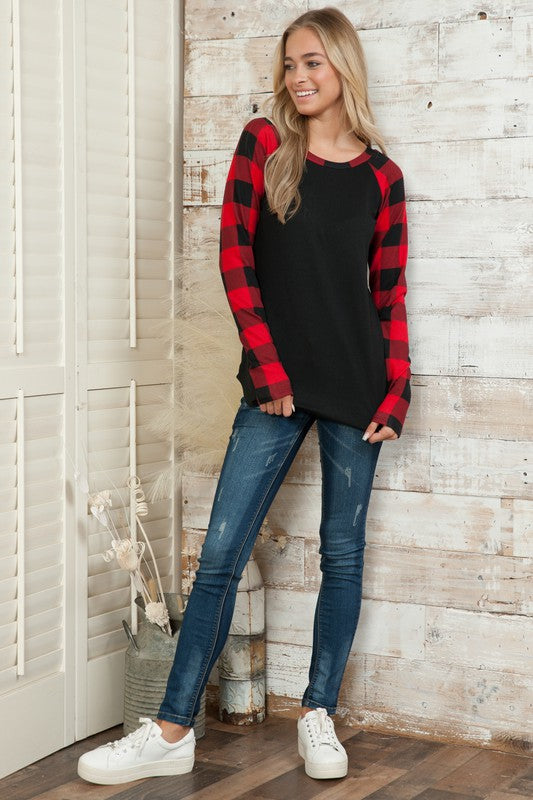 Plaid Solid Contrast Long Sleeve Top - Mercantile Mountain