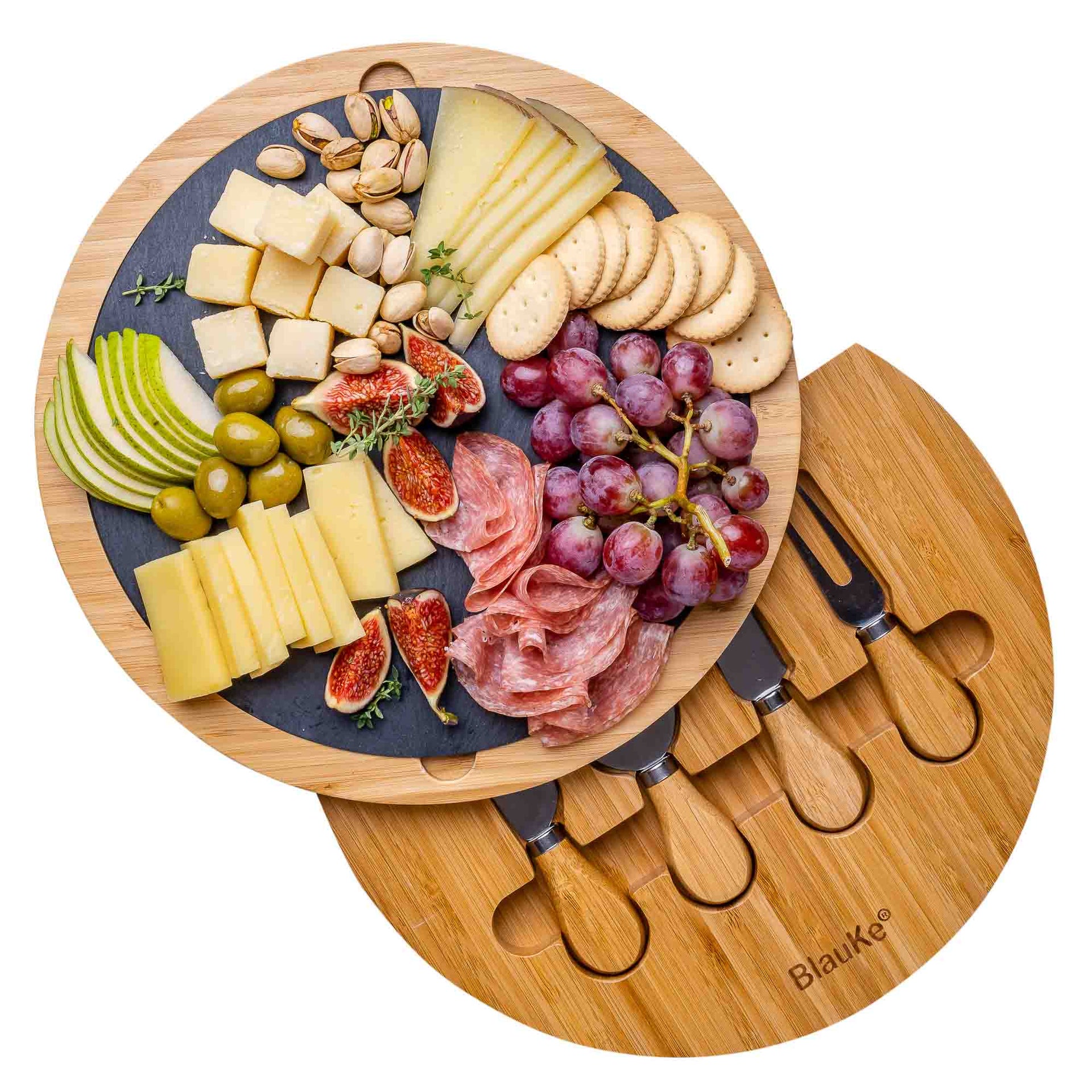 Round Bamboo Cheese Board with Knife Set and Removable Slate - 12 inch - Mercantile Mountain