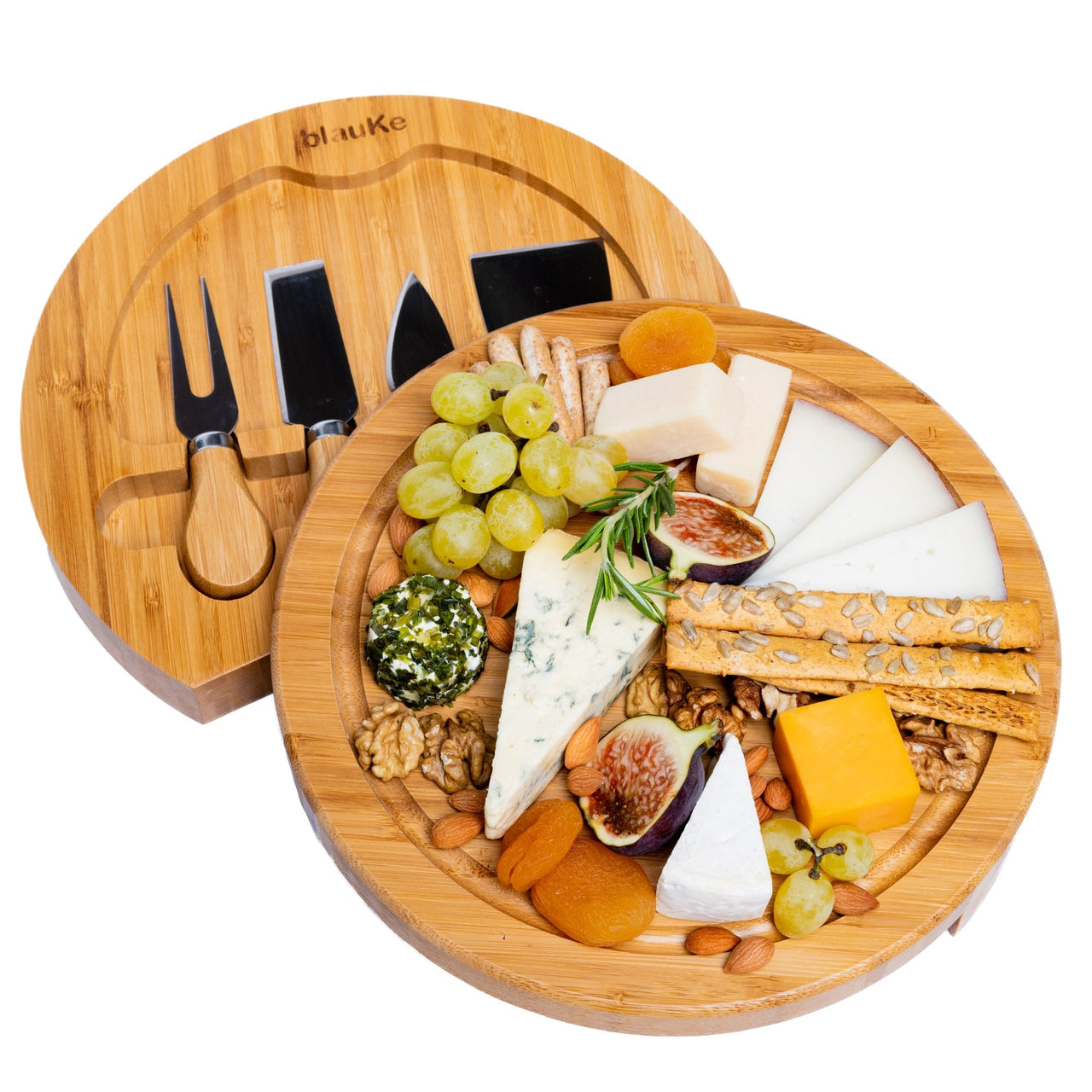 Bamboo Cheese Board and Knife Set - 10 Inch Swiveling Charcuterie - Mercantile Mountain