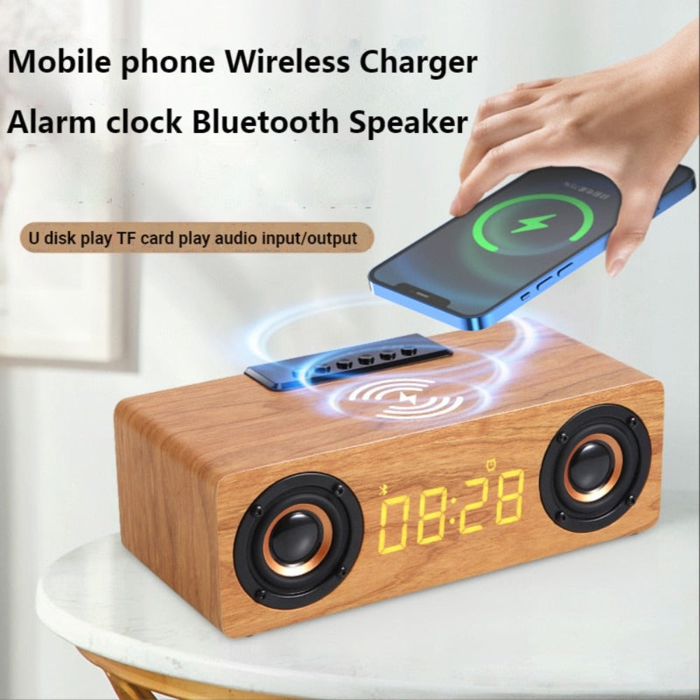 Wooden Retro Theme Wireless Charger Bluetooth Speaker Alarm Clock - Mercantile Mountain