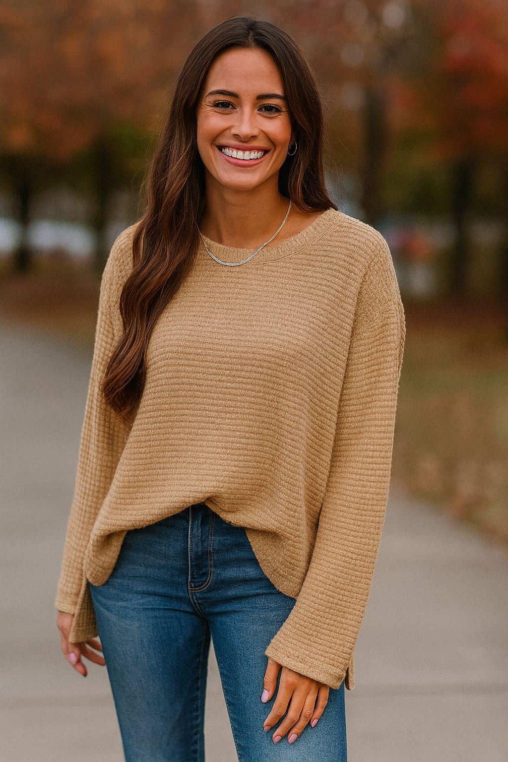 Waffle Knit Drop Sleeve Side Slits Oversized Top - Mercantile Mountain