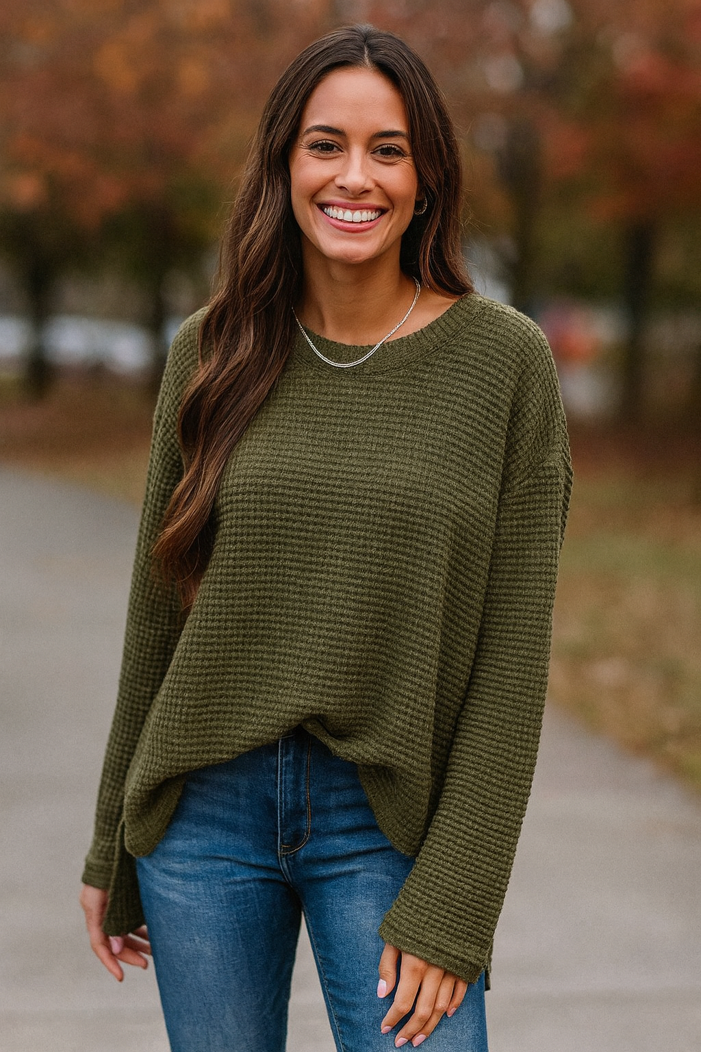 Waffle Knit Drop Sleeve Side Slits Oversized Top - Mercantile Mountain