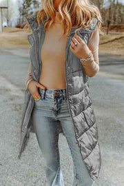 Solid Quilted Long Hooded Vest Coat