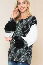 Plus Plaid Top with Solid Bubble Sleeves - Mercantile Mountain
