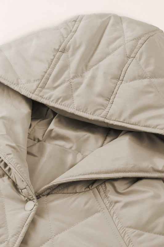 Solid Quilted Snap Button Hooded Puffer Coat