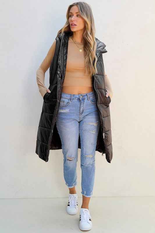 Solid Quilted Long Hooded Vest Coat