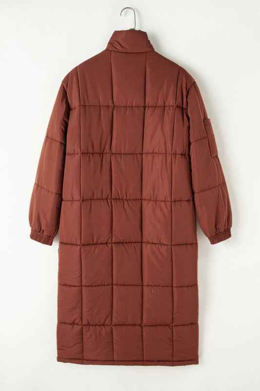 Solid Quilted Stand-Neck Zip-Up Buttoned  Puffer C